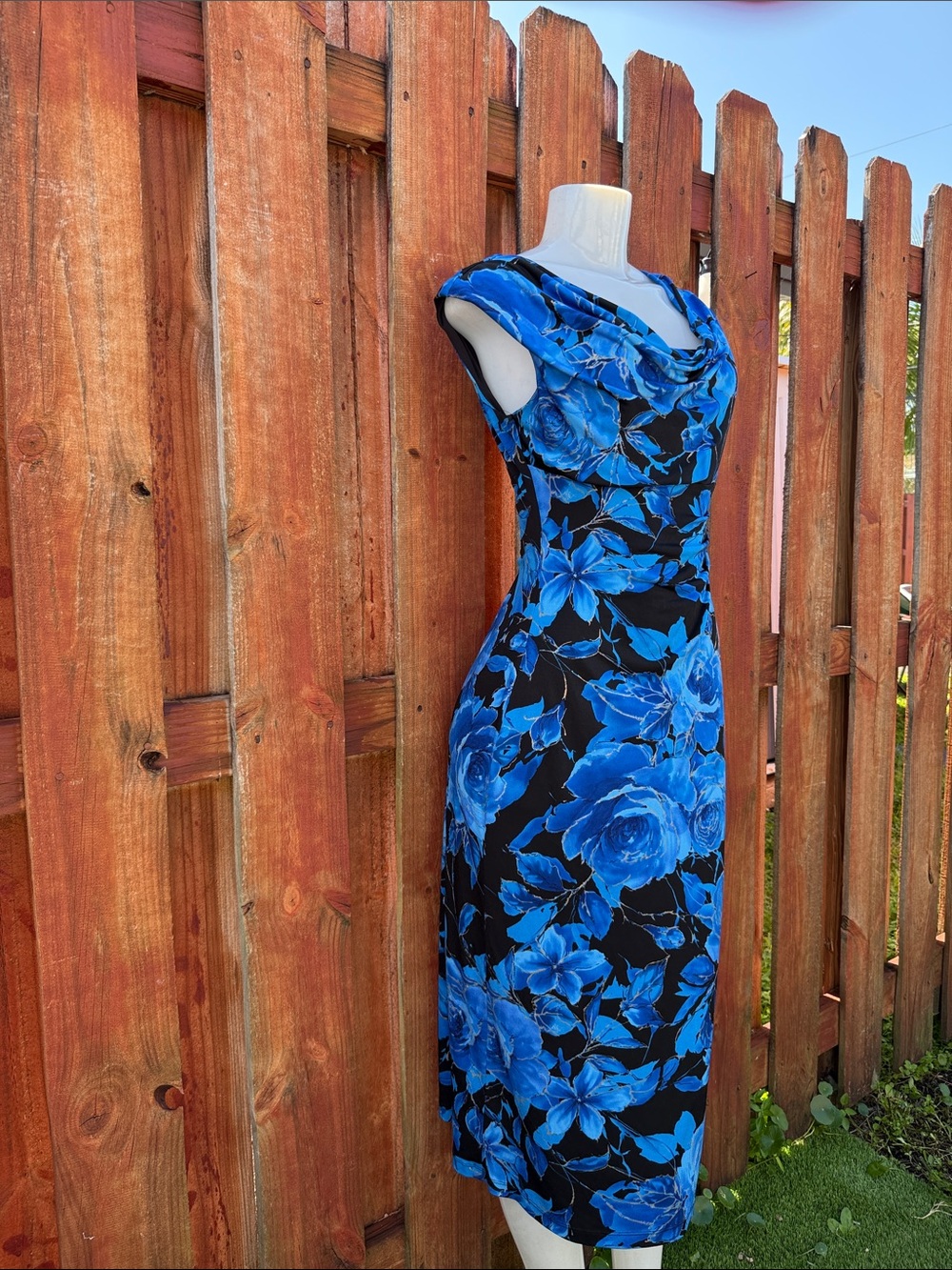 connected apparel Black and Blue Floral Cowl Neck Midi Dress Size 4 - Picture 2 of 8